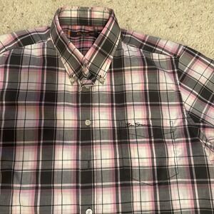 Ben Sherman Men's Short Sleeve Button Up Pink & Gray Plaid Shirt Size XL